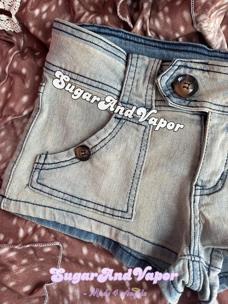 Roxane Y2K Vintage Wash Denim Booty Shorts-Skirts-SugarAndVapor