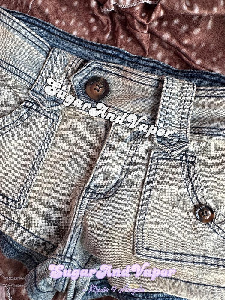 Roxane Y2K Vintage Wash Denim Booty Shorts-Skirts-SugarAndVapor