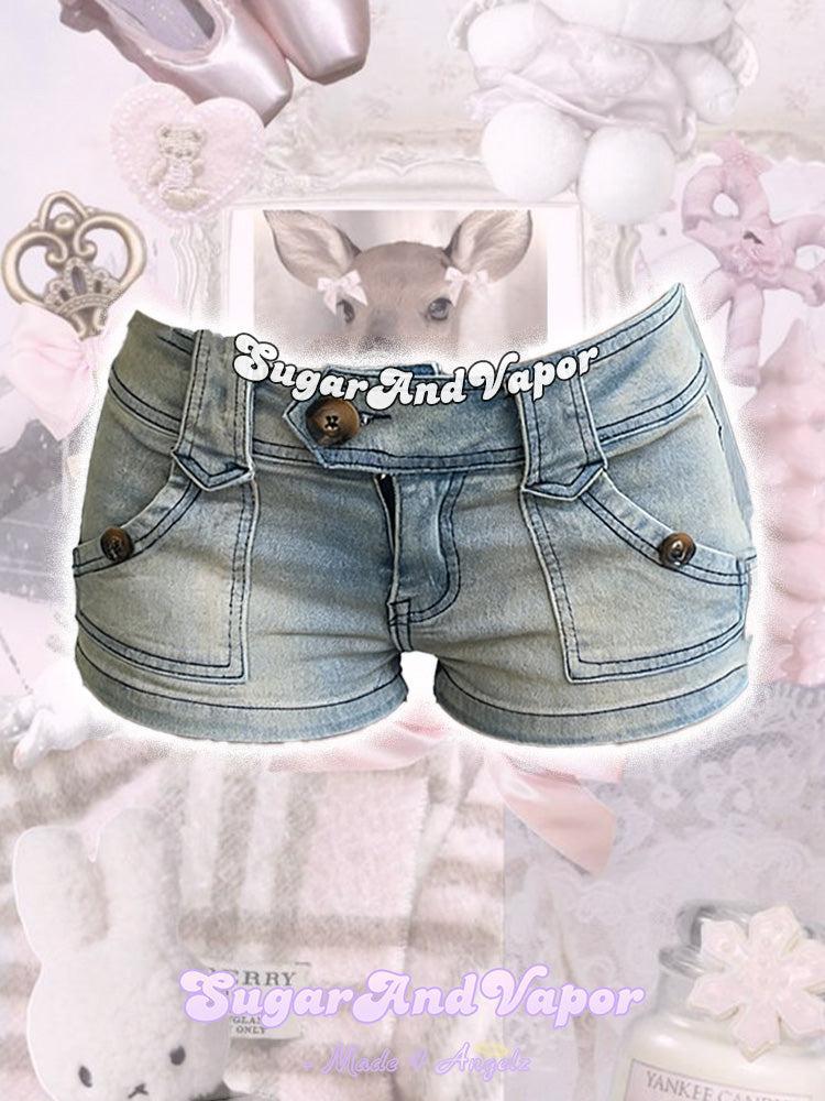 Roxane Y2K Vintage Wash Denim Booty Shorts-Skirts-SugarAndVapor