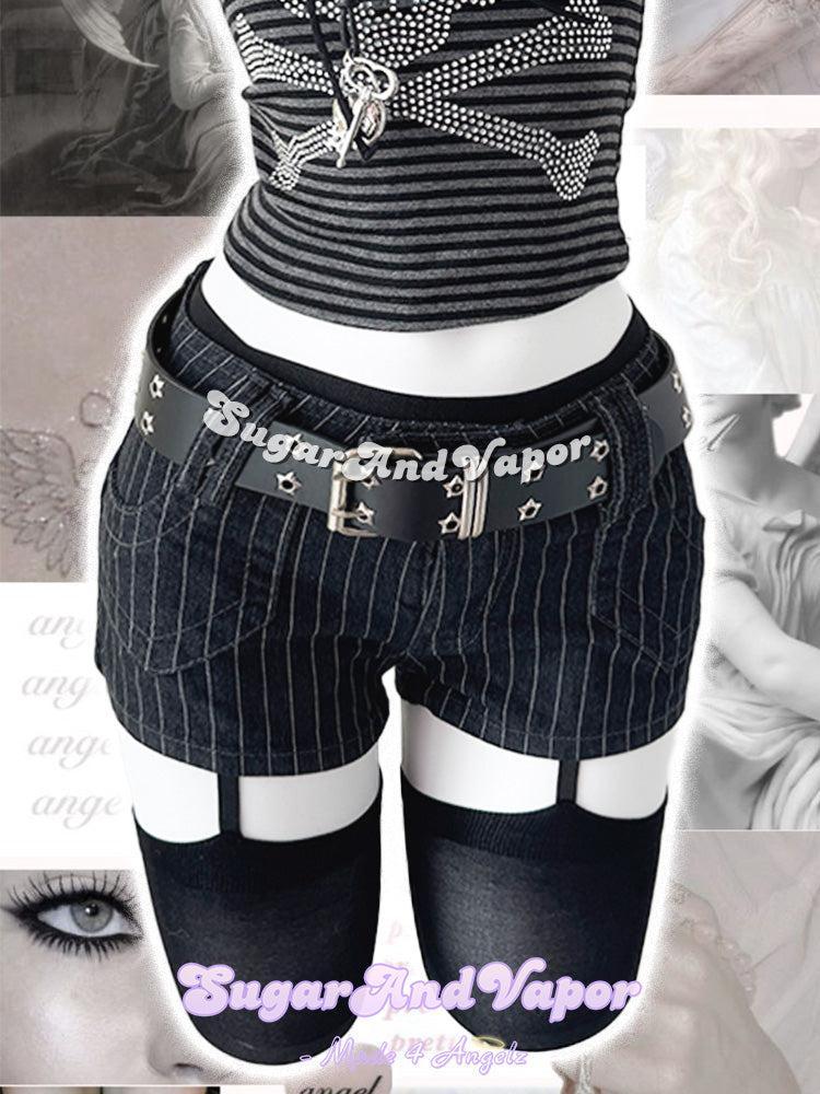 Roxie Grunge Stripes Low-Rise Denim Booty Shorts-Shorts-SugarAndVapor
