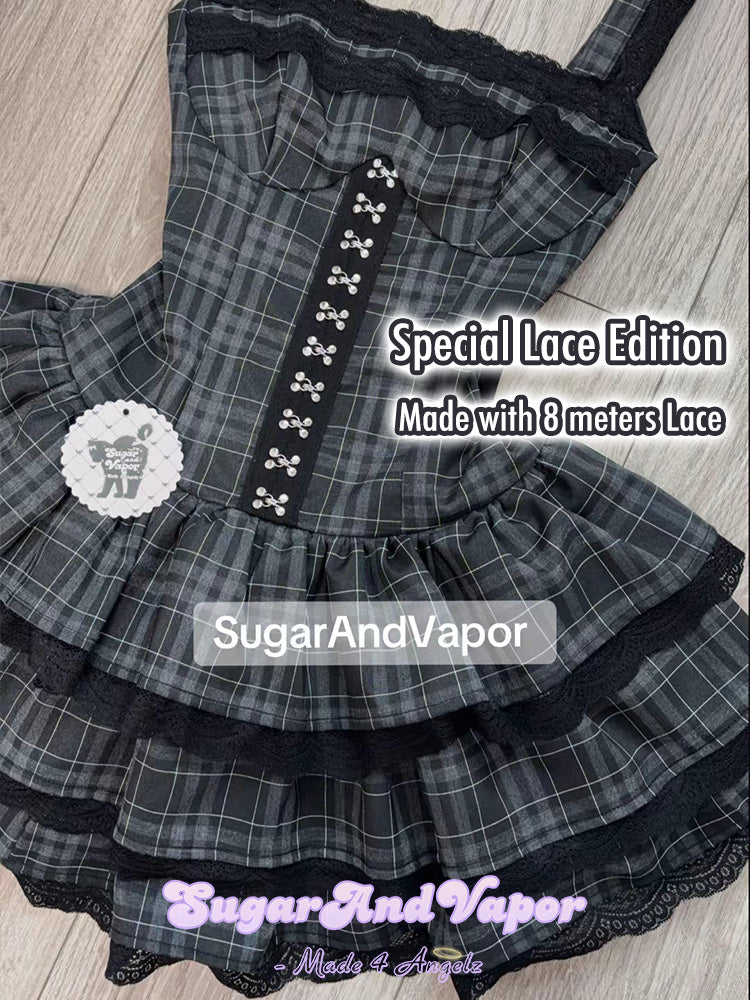 (Coming Soon) Grunge Doll Black Plaid Lace Edition Flared Dress 4.0 (Three Layered Dress)