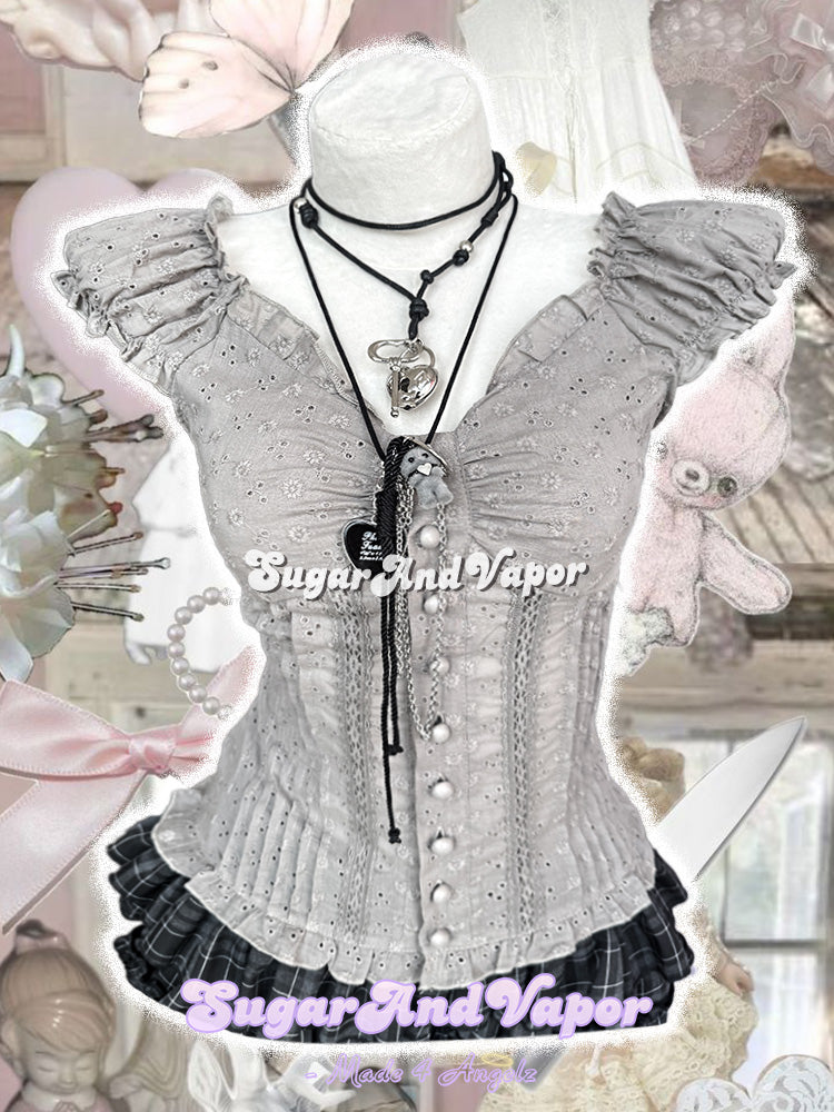 Oveline Shadow Grey Eyelet Ruffle Blouse Top