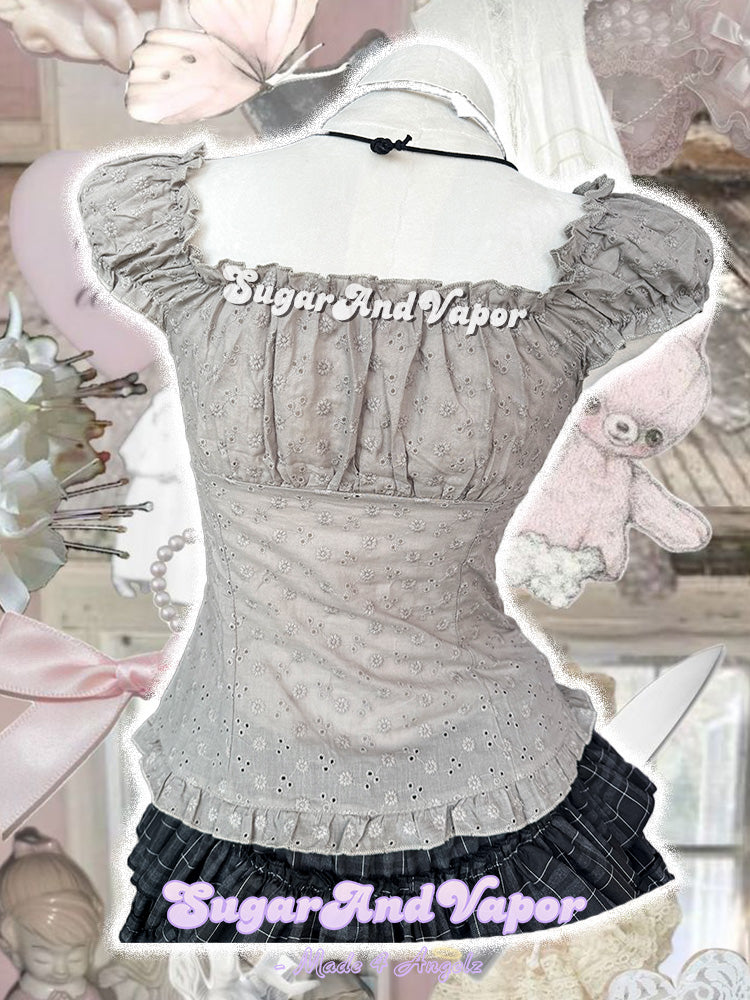 Oveline Shadow Grey Eyelet Ruffle Blouse Top