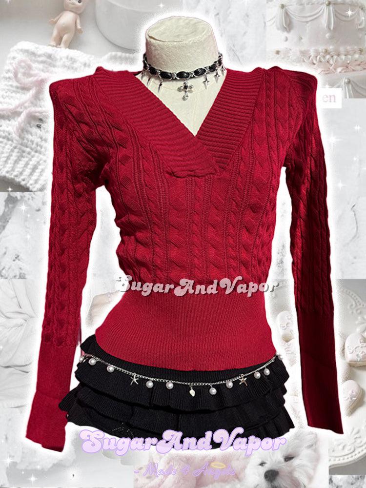 Sarah Red Cable-Knit V-neck Hooded Sweater-TOPS-SugarAndVapor