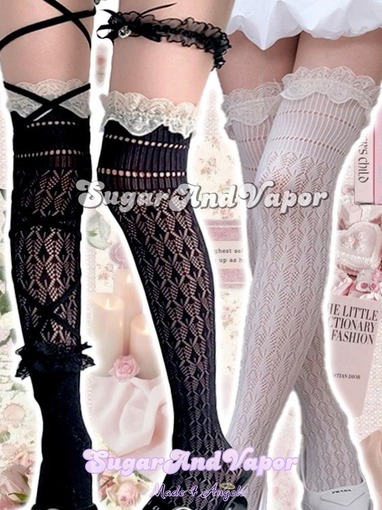 Sophie Coquette Hollow-knit Lace Thigh Highs-SOCKS & TIGHTS-SugarAndVapor