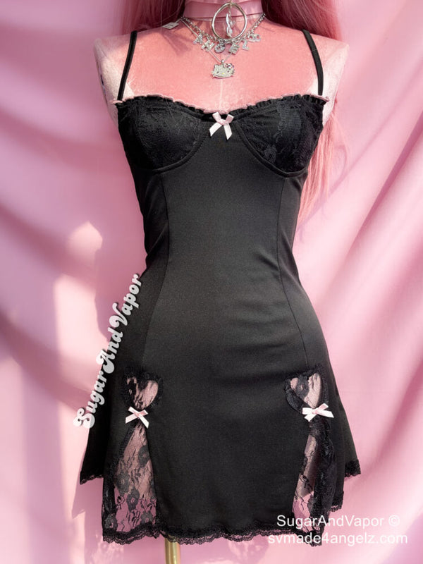 Stephanie Pink Bows Black Lace Dress-DRESSES-SugarAndVapor