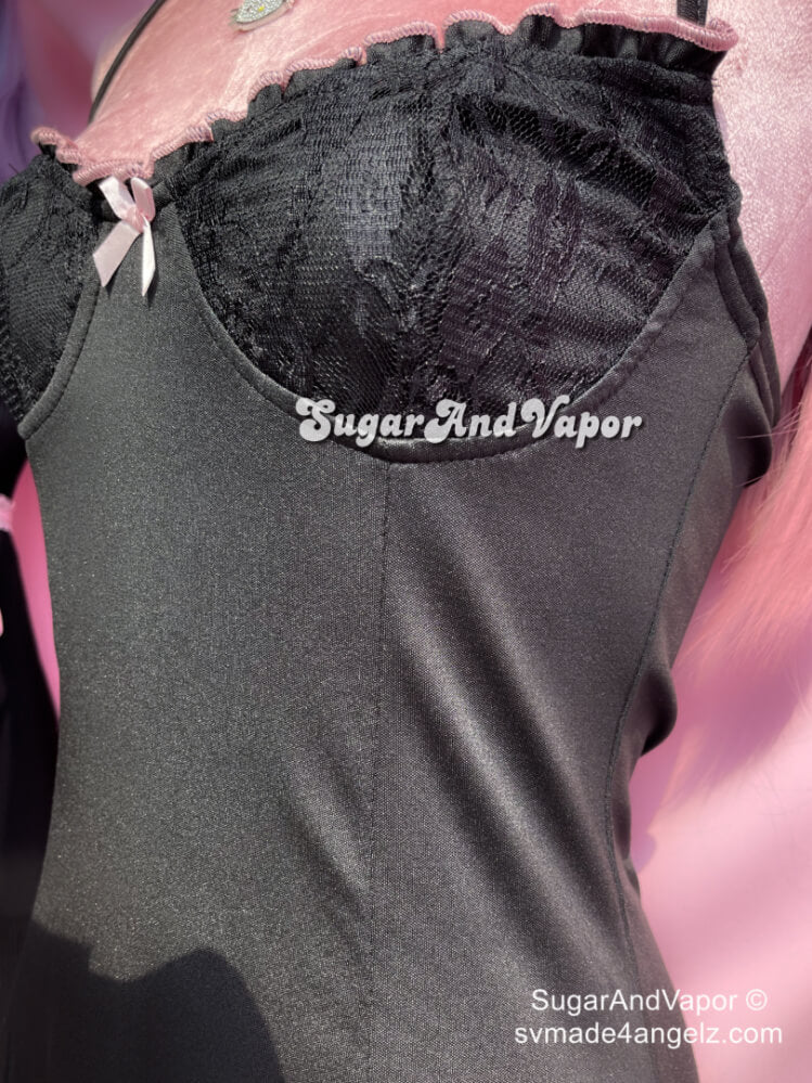 Stephanie Pink Bows Black Lace Dress-DRESSES-SugarAndVapor
