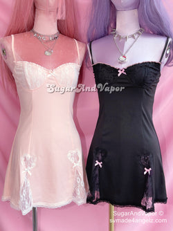 Stephanie Pink Bows Black Lace Dress-DRESSES-SugarAndVapor