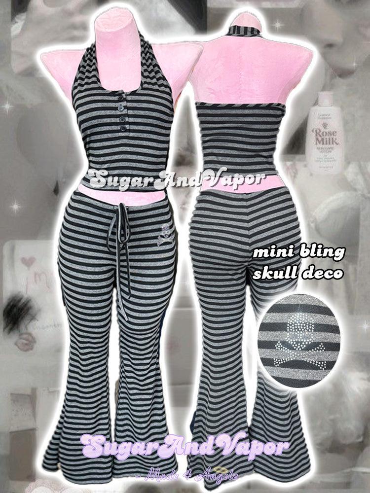 Tasha Grugne Knit Stripes Halter Top/Bling Skull Flare Pants-Pants-SugarAndVapor
