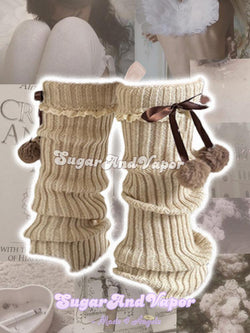 Tessa Milk Tea Pom-Pom Knit Leg Warmers-Leg Warmer-SugarAndVapor