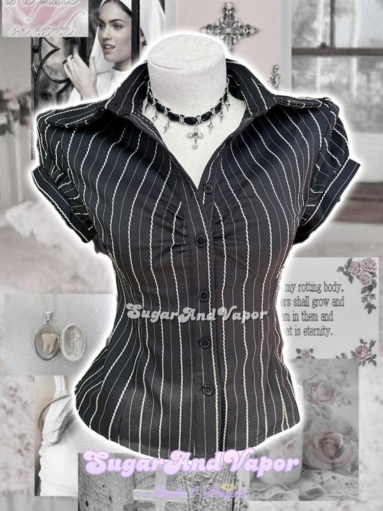 Valeria Grunge Pinstripe Ruched Shirt Top-TOPS-SugarAndVapor