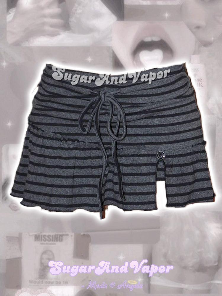 Vesper Grunge Grey Striped/All Black Ruched Mini Skort-Skirts-SugarAndVapor