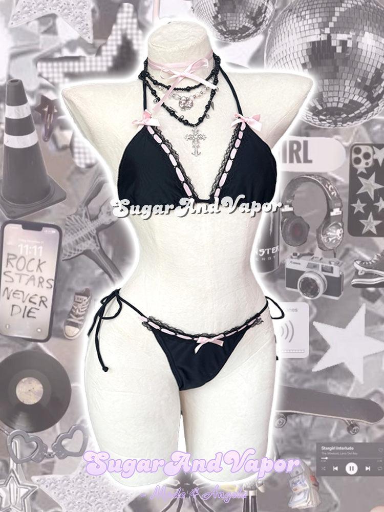 Vionne Black Pink Ribbon Dark Princess Biniki Set-Swimsuits-SugarAndVapor