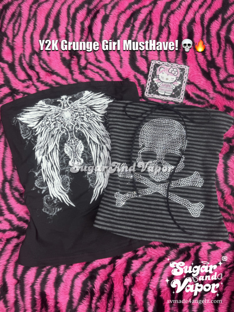 Y2K Grunge Angelcore & Bling Skull Tube Top-TOPS-SugarAndVapor
