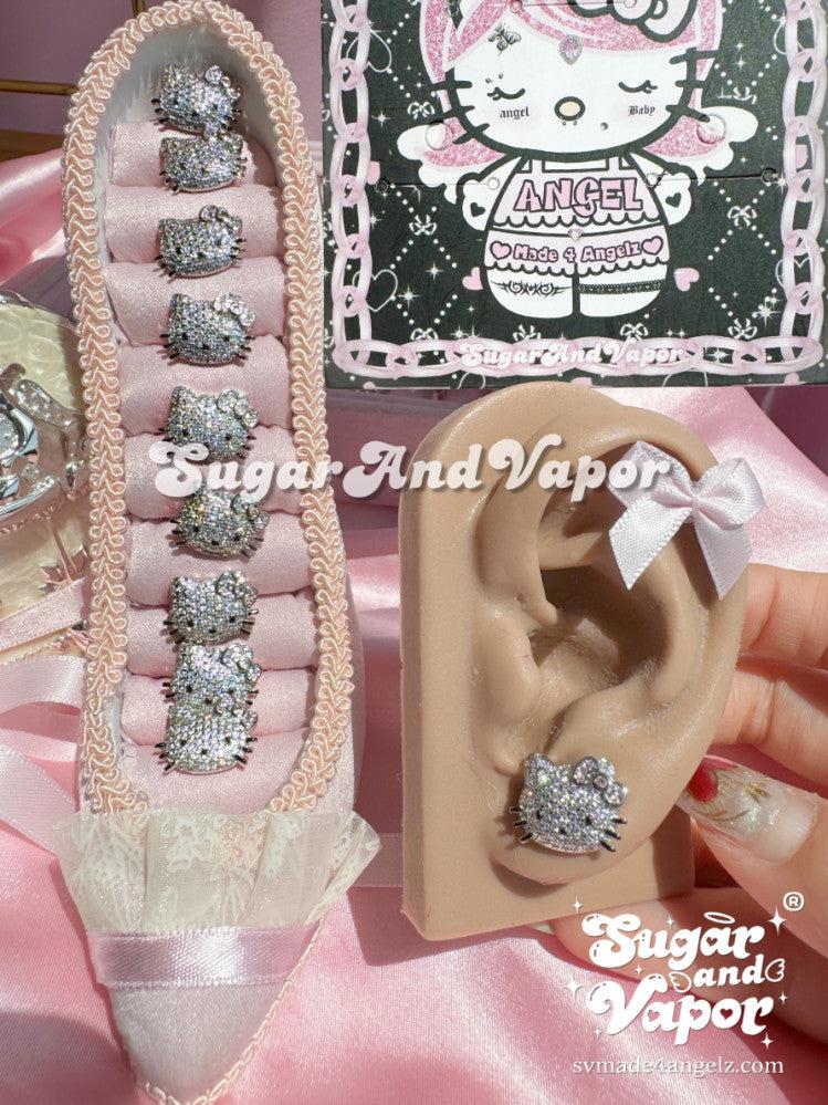 Y2K Kitten Head Full Rhinestones Earrings Set-EARRINGS-SugarAndVapor