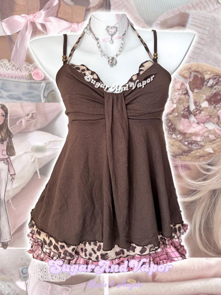 Zasha Y2K Cocoa Leopard Ruffle Babydoll Top-TOPS-SugarAndVapor