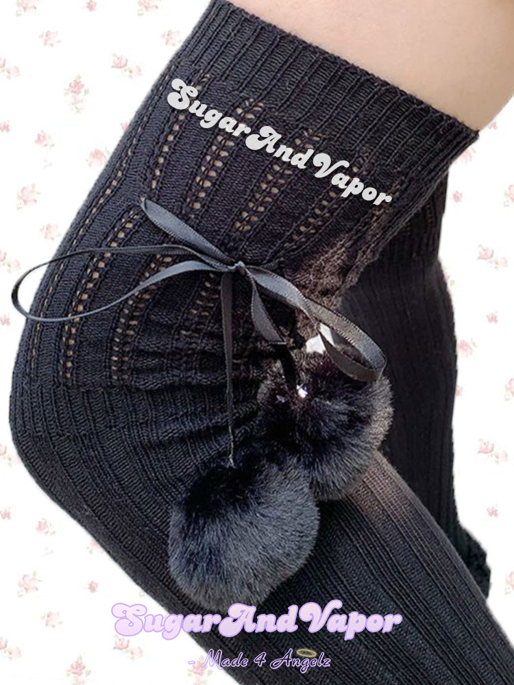 Zinnia Pom-pom Crochet Thigh High Stockings-SOCKS & TIGHTS-SugarAndVapor