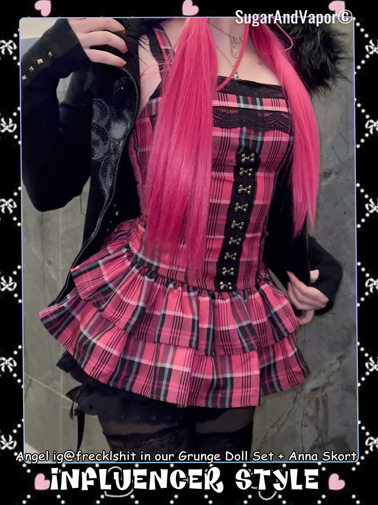 (Pre-order)Grunge Doll Plaid Flared Romper Dress 3.0 (split two-piece set)