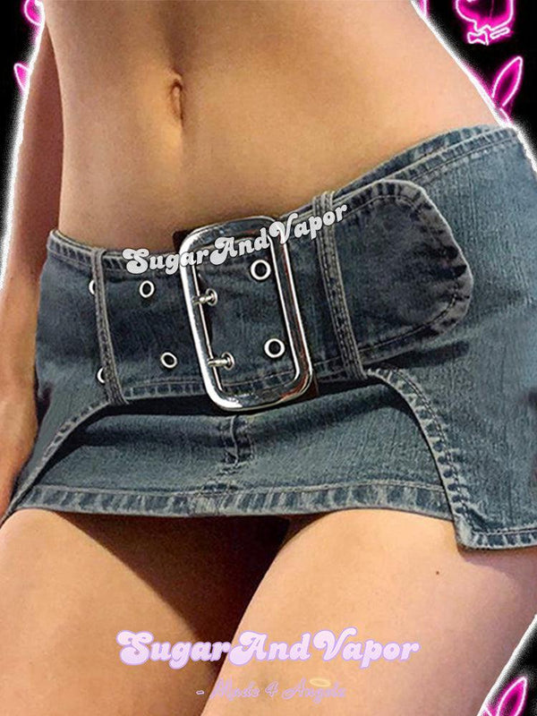 90s Hotty Buckle Denim Mini Skirt-Skirts-SugarAndVapor