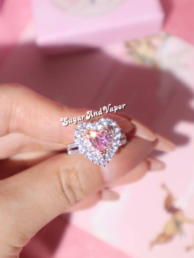 Himpokejg Pink Heart-Shaped Rhinestone Ring  