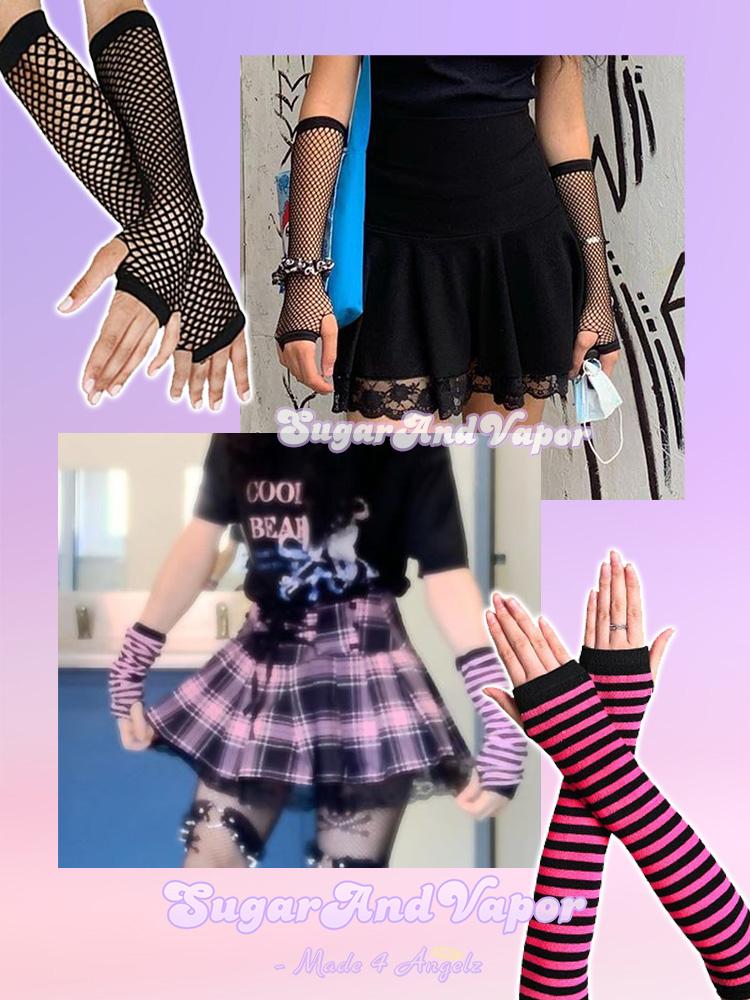 Alternative Girl Punk Emo Fishnet Gloves Striped Arm Warmer 2 Pack Set –  SugarAndVapor