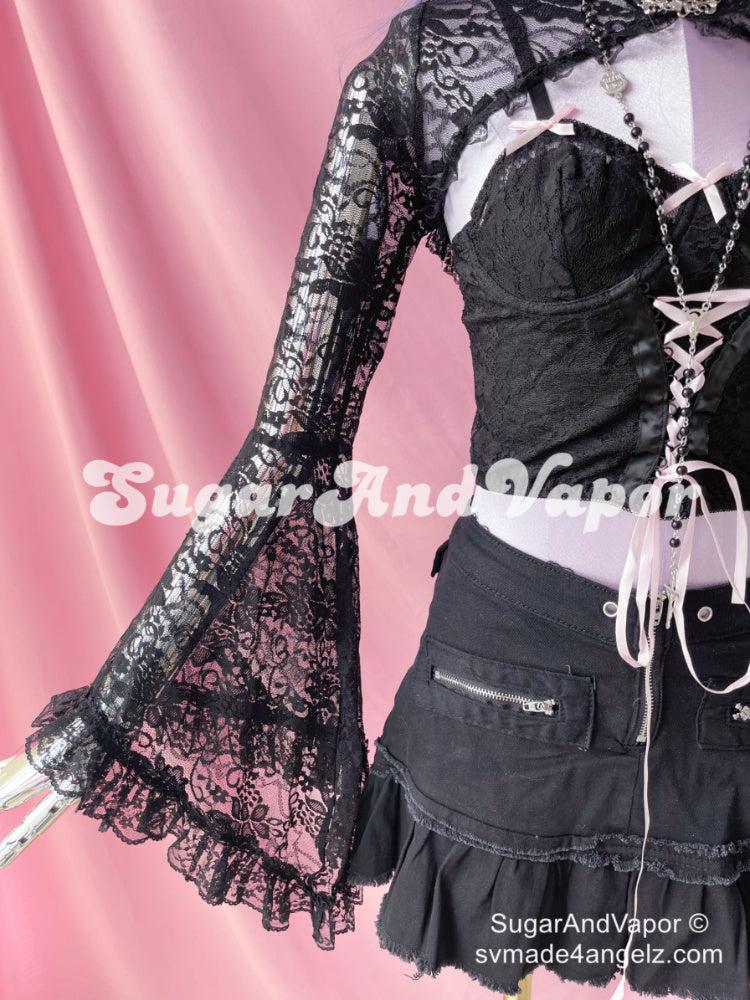 Y2K Gothic Sheer Lace Mesh Top - Spider Web Corset Witch Tops Court Flare  Sleeve - mypinkfashion