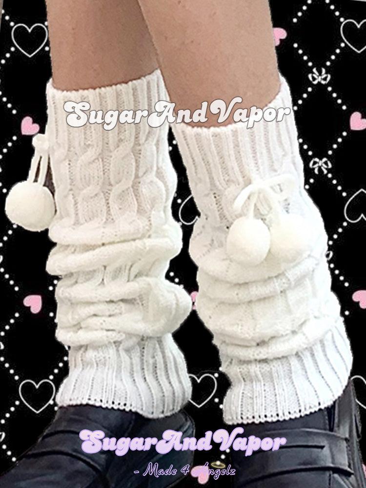 Jambières Chaussettes Boot Cuffs En Laine Tricotée - Pompons Gris - Taille Unique - Acrylique - Neuf