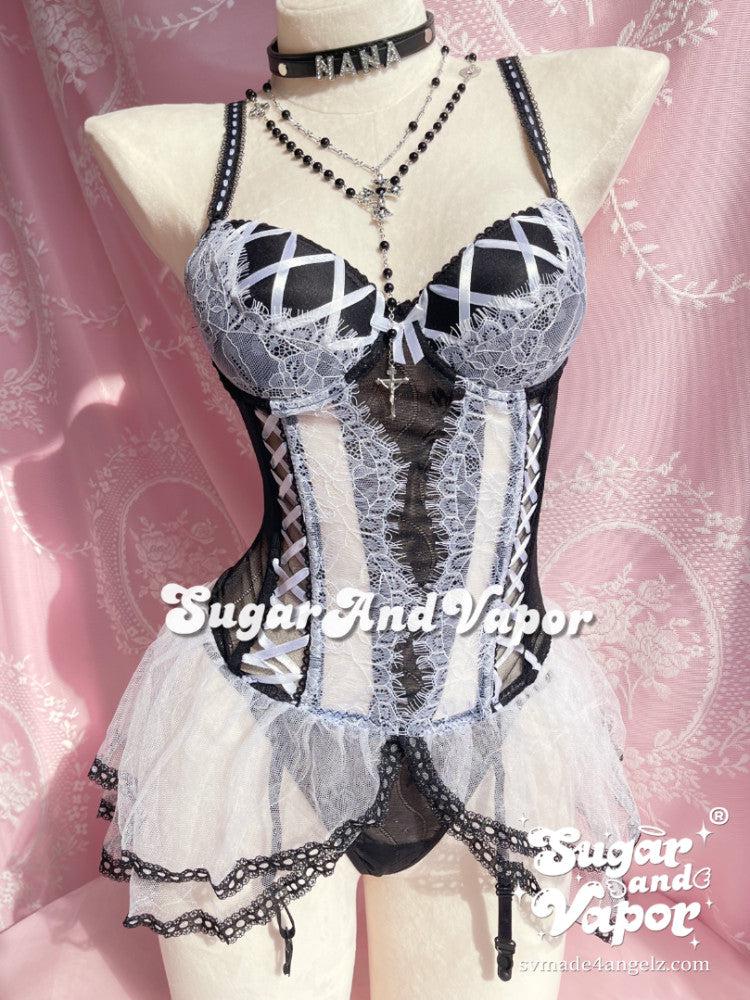 Beatrice Black White Bustier Lingerie Set-Lingeries-SugarAndVapor