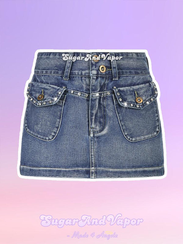 Becky 90s Rhinestons Denim Mini Skirt-Skirts-SugarAndVapor