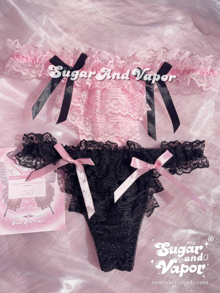 Black Pink Layered Lace Thong Panty-Lingeries-SugarAndVapor