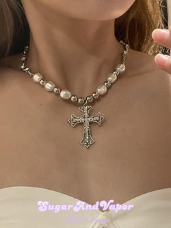 Bling Baroque Cross Pearls Choker-NECKLACES-SugarAndVapor
