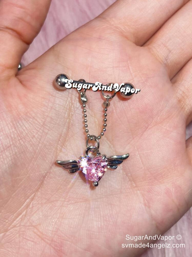 Bling Heart Wings Charms Chain Nipple Rings-Nipple Rings-SugarAndVapor