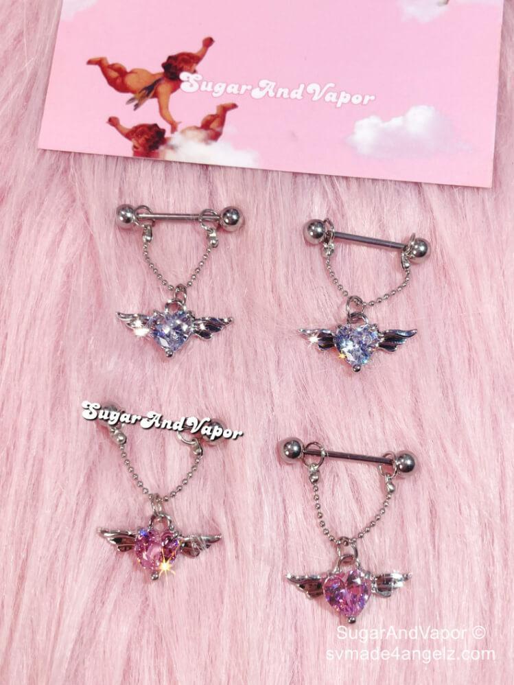 Bling Heart Wings Charms Chain Nipple Rings-Nipple Rings-SugarAndVapor