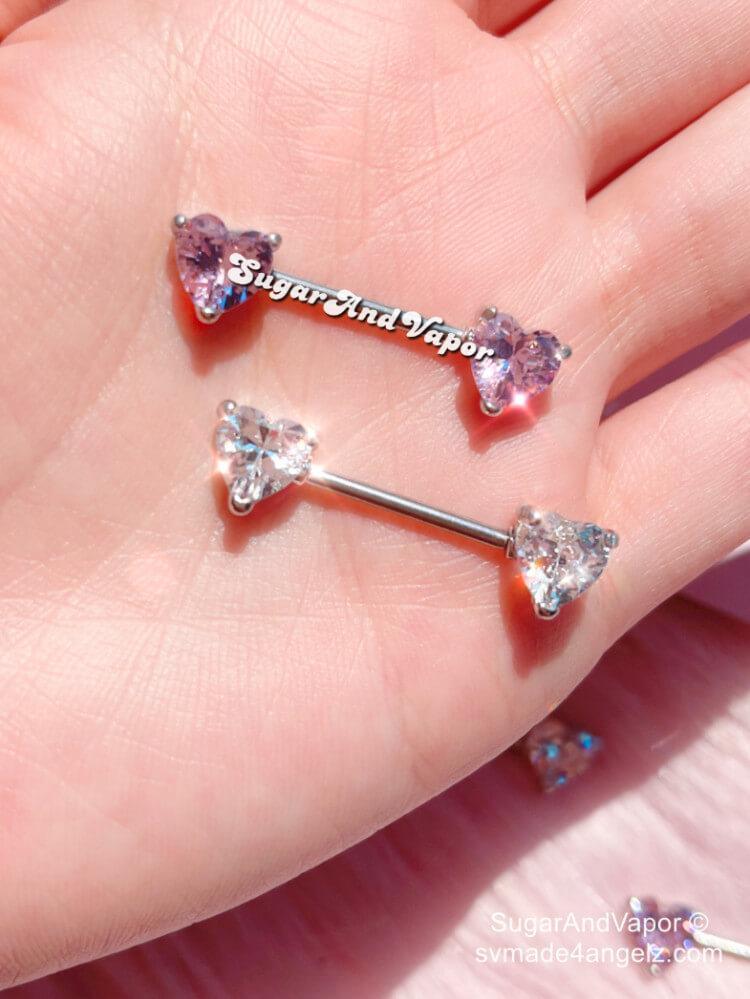 Bling Pink Hearts Crystals Barbell Nipple Rings Set-Nose Ring-SugarAndVapor
