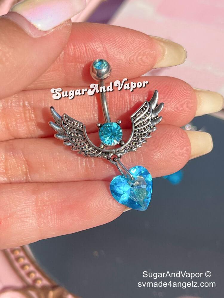 Blue Heart Angel Wings Bling Belly Ring-Belly Ring-SugarAndVapor