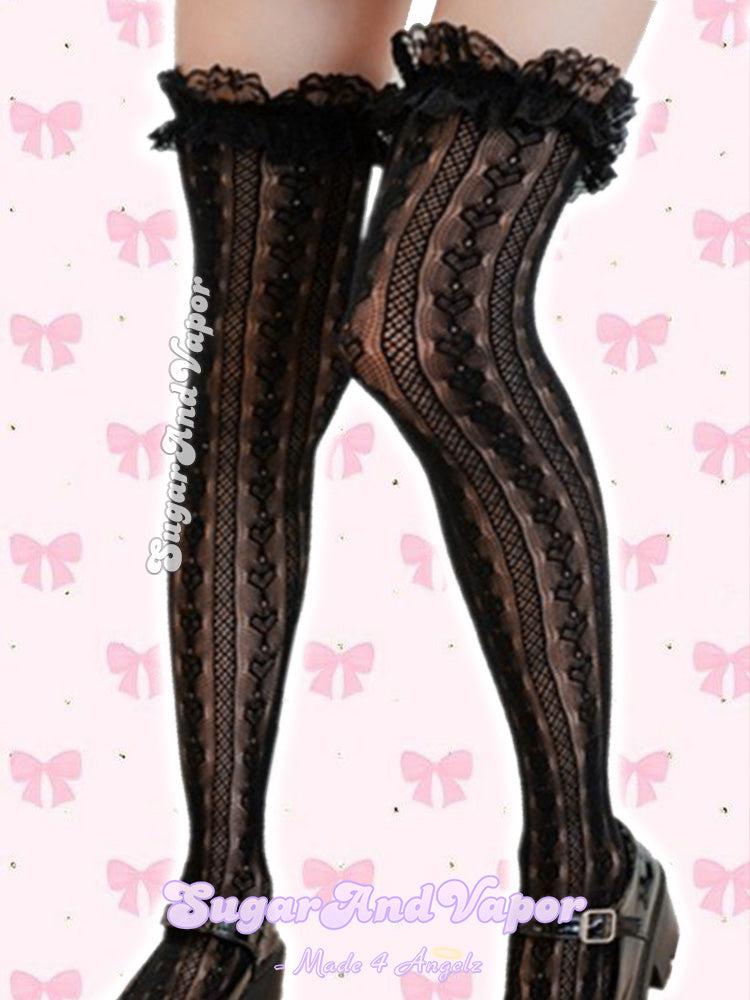 Cassia Heart Lace Fishnet Thigh High Stockings-SOCKS & TIGHTS-SugarAndVapor