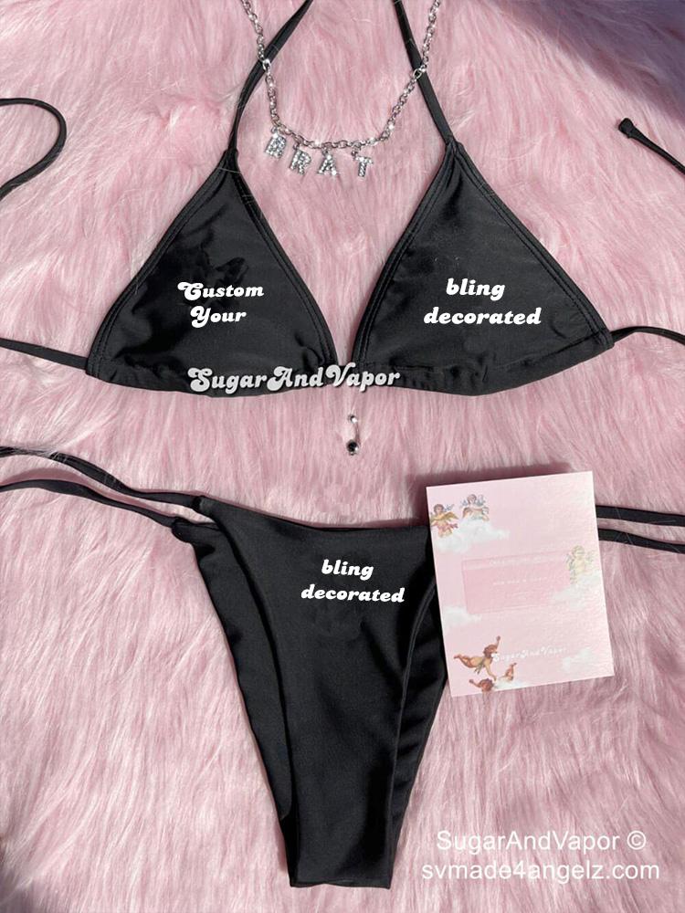 Custom Black Bling Y2K Bikini Set-Swimsuits-SugarAndVapor