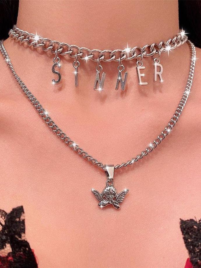 Custom Metal Letters Angel Chunky Chain Choker-NECKLACES-SugarAndVapor