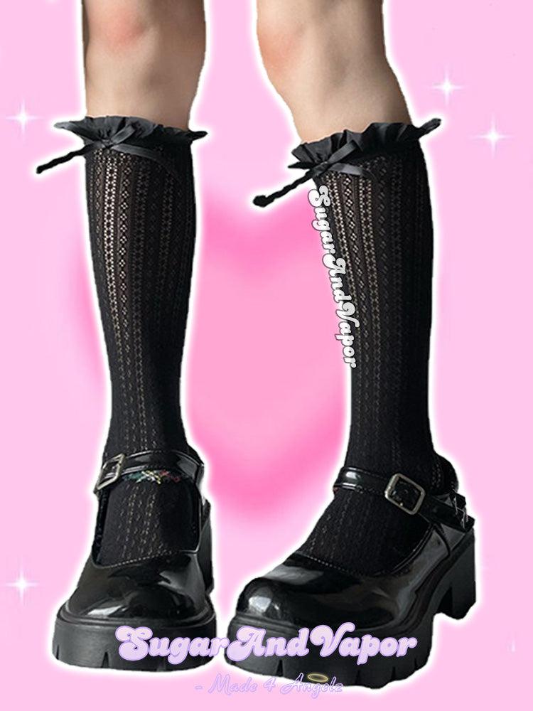Elfie Bows Girly Knee-High Fishnet Stockings-SOCKS & TIGHTS-SugarAndVapor