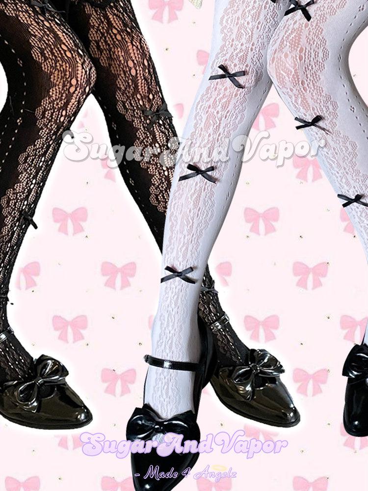 Evelyn Lolita Bow Fishnet Tights-SOCKS & TIGHTS-SugarAndVapor