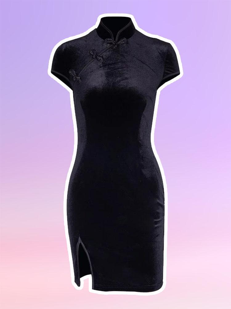 Goth Velvet Cheongsam Dress-DRESSES-SugarAndVapor