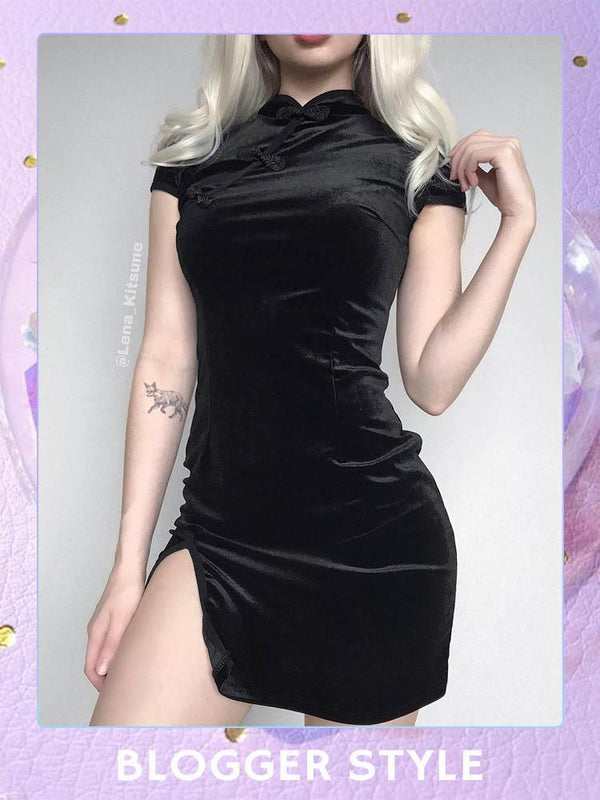 Goth Velvet Cheongsam Dress-DRESSES-SugarAndVapor