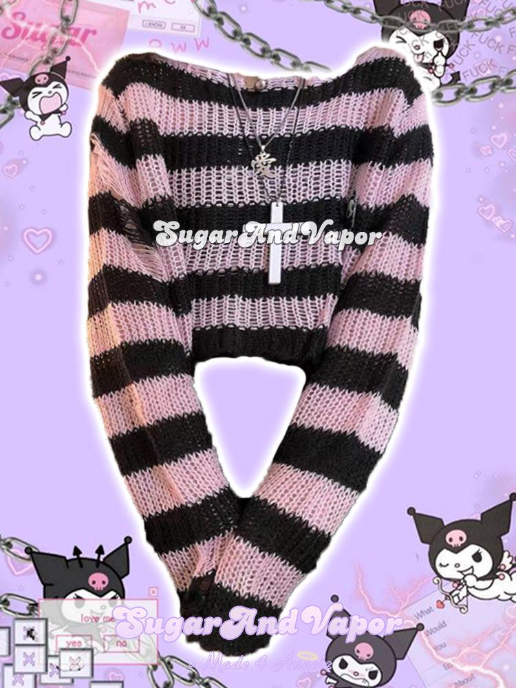 Grunge Stripes Ripped Sweater Crop Top-Sweaters-SugarAndVapor
