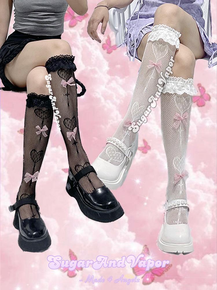 Heart Lollipops Kawaii Knee-High Fishnet Stockings-SOCKS & TIGHTS-SugarAndVapor