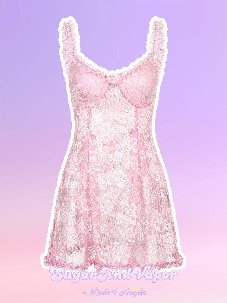 Jules Pink Lace See-through Dress-DRESSES-SugarAndVapor