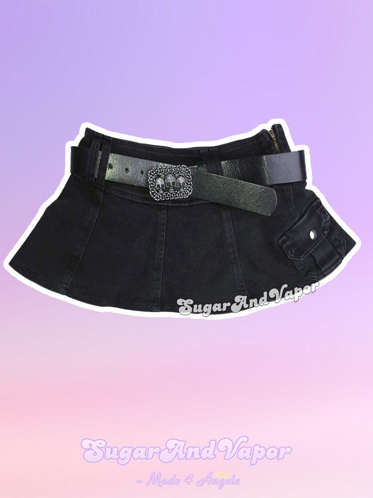 Nikki Black Mini Denim Skirt (with Skull Belt)-Skirts-SugarAndVapor
