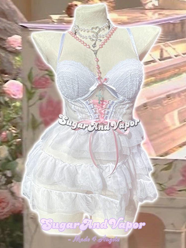 Odette Pink Bow Lace-up Bustier Dress-DRESSES-SugarAndVapor