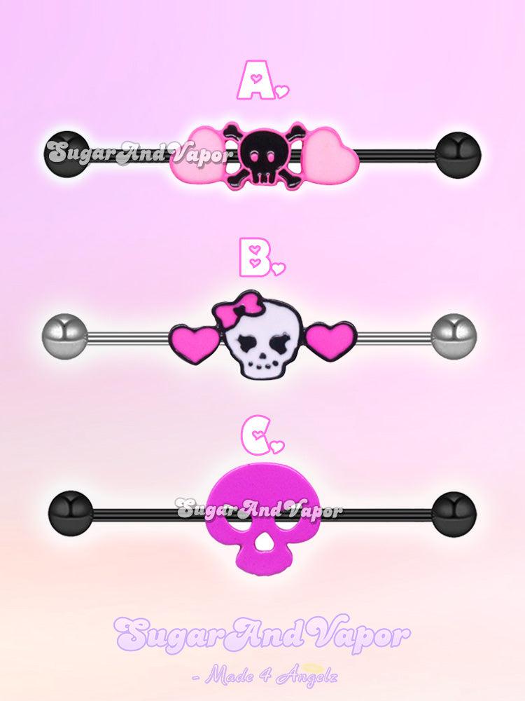 Pastel Goth BlackPink Skull Industrial Barbell-EARRINGS-SugarAndVapor