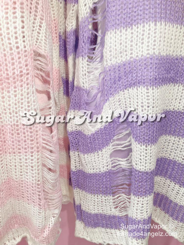 Pastel Goth Stripes Ripped Sweater Dress-Sweaters-SugarAndVapor