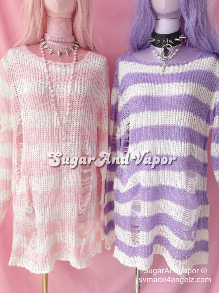 Pastel Goth Stripes Ripped Sweater Dress-Sweaters-SugarAndVapor